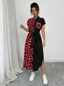 Selianne Women's Casual Elegant Business Casual Vacation Travel Old Money Style Leopard Print Front Button Shirt Belt Bow Pocket Side Slits Commuting Home Contrast Fabric 2025 Summer New Short Sleeve Long Dress - Red - View 7