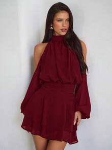 Aloruh Purple-Red Long Sleeve Off-Shoulder Dress, Casual Commuter Elegant Dress With Small Stand Collar, Spring - Burgundy - View 7