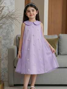 SHEIN Vestido casual de unicolor con cuello Peter Pan y patchwork de malla para niña joven, vestido de fiesta y cóctel para niñas jóvenes, vestidos elegantes, color lavanda para niñas - Púrpura malva - Ver 3