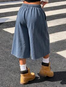 Muchica 女士复古水洗刺绣牛仔短裤，阔腿短裤，适合外出和街头穿着，蓝色 - 藍色 - 查看 2