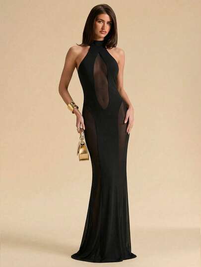 SHEIN BAE Black Halter Neck Sexy Sheer Mesh Patchwork Asymmetric Dress, Summer