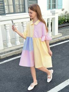 SHEIN Tween-Mädchen Kleid mit unregelmäßigem asymmetrischem Farbblock, Rüschenkragen, locker geschnittener A-Linie, Kurzarm, Chiffon, Sommerkleid, Lässig, Alltag, Sommer Dopamin, Y2K - Verschiedenfarbig - Übersicht 6