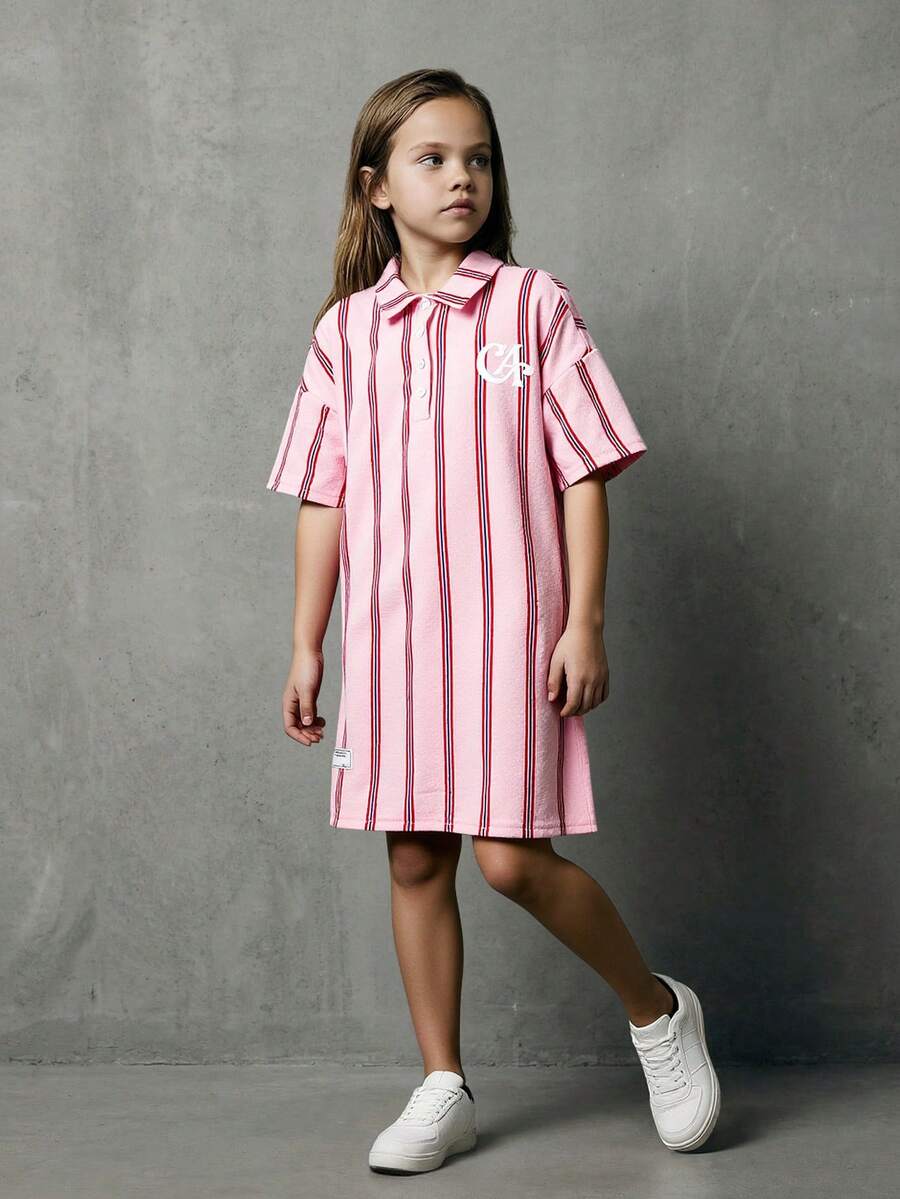 Casuvi Kids Đầm kiểu dáng rộng rãi, vai rớt, tay lửng, cổ áo sơ mi, họa tiết sọc dọc kỹ thuật số, phong cách vintage, thích hợp mặc ngoài trời, du lịch, mặc hàng ngày và mùa hè cho bé gái tuổi teen. - Nhiều màu - Xem 1