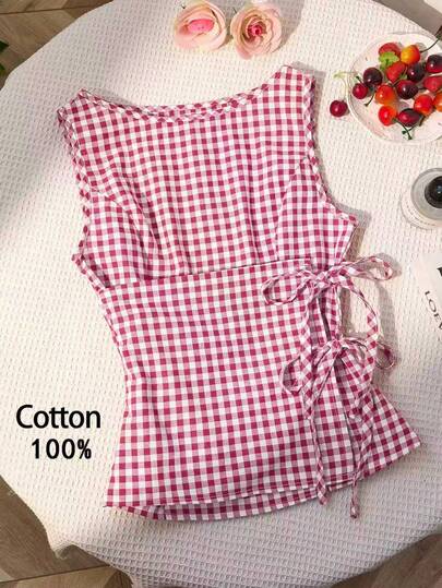 Sweetra Retro Plaid Round Neck Design Sense College Style Sexy Girl Sleeveless Shirt, Summer New Tie-Up Slim Fit Delicate Girly Sweet Blouse For Women