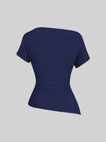 Sweetra Camiseta de manga corta casual y cómoda con cuello asimétrico de unicolor para mujer - Multicolor - Ver 4