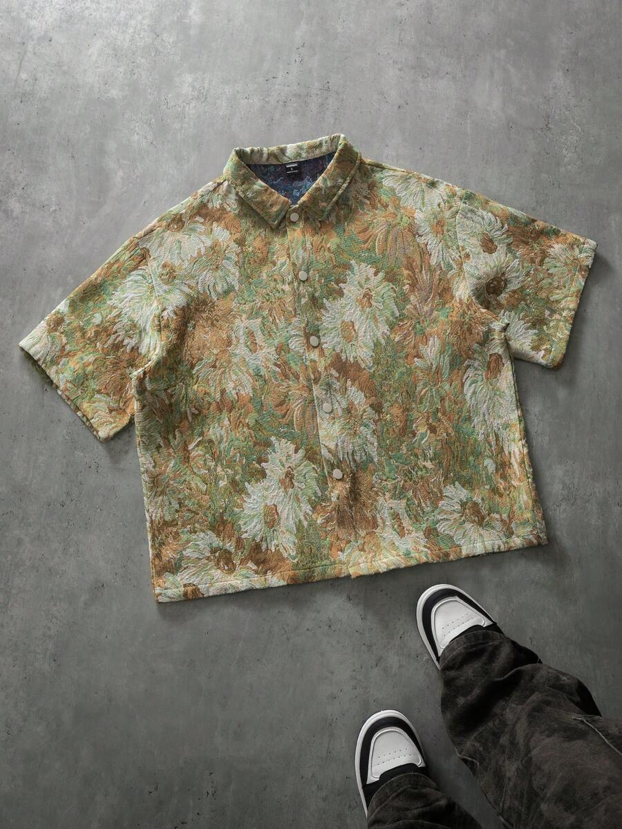 PAVTROS 男士复古提花纹理宽松短袖衬衫，男士衬衫，织锦衬衫，图案衬衫，花卉衬衫，男士时尚夏季度假休闲衬衫，Y2K风格，送给男友的完美礼物 - 彩色 - 查看 1