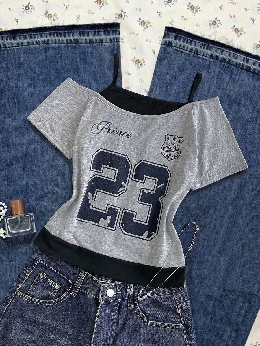 Tween Girls Casual 2 In 1 Streetwear T-Shirt, This T-Shirt Features Letter Slogan And Car Graphic Prints, With Cold Shoulder Short Sleeves Design, Suitable For Summer Leisure Activities, Shopping And Photo-Taking. - Light Grey - View 1