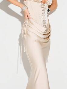 KIZN 女士优雅缎面斜裁垂褶长裙，配系带束腰设计，适合晚宴、婚礼宾客等特殊场合 - 杏色 - 查看 4