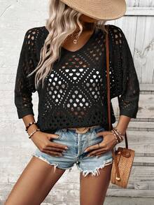 Breezaya Women Loose 3/4 Sleeve Hollow Out Knit Top - Black - View 4