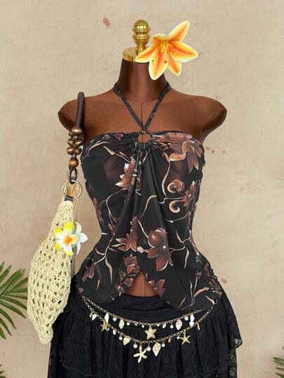 Sunspun Camiseta sin mangas con cuello halter y espalda con lazo con estampado floral para mujer de talla grande