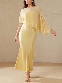 BELROSIE Elegant Women's Satin Slip Dress With Chiffon Fringe Hem Shawl, Luxury Design For Dates, Two Pieces Set - Beige - View 4