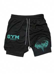 RISE LYT Men's Summer Letter Print Raglan Short Sleeve Compression Top And Drawstring Waist 2 In 1 Shorts Sports Suit Gym Suit Two-Piece Set Gym Shirt Set Man Shorts Set Gym Clothes - Black - View 4
