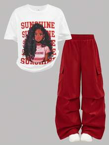 SHEIN 少女休闲街头风圆领可爱印花T恤和裤子套装，红色 - 紅色 - 查看 1