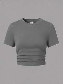 SHEIN ChillGRL Teen Girl Summer Casual Daily Commute Minimalist Solid Color Pleated Fitted Short Sleeve T-Shirt - Grey - View 3