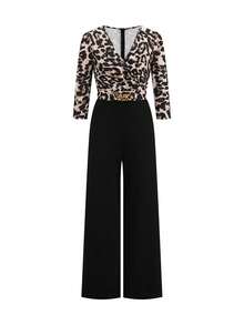 Ellevyn Women's Elegant Commuter Leopard Print Patchwork Jumpsuit Wide Leg Jumpsuit Elegant Leopard Print Two Piece Jumpsuit Formal Jumpsuit Women Cheetah Print Jumpsuit Summer Outfits   Summer Women's Retro Vacation Commuter Casual Elegant Versatile Classic Black Patchwork Leopard Print Color Blocking Waist-Cinching Jumpsuit Long Jumpsuit Knit Stretch, Office Wear - Black - View 6