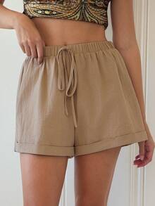 Freevana Pantaloncini casual larghi da donna con coulisse in tinta unita, taglie comode - Cachi - Visualizzare 5