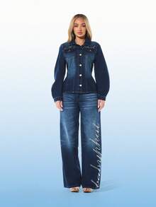 BABYPHAT Women's Straight Fit Rhinestone Embellished High Rise Denim Jeans With Side Script Detail For Casual Everyday Wear - Blue - View 3