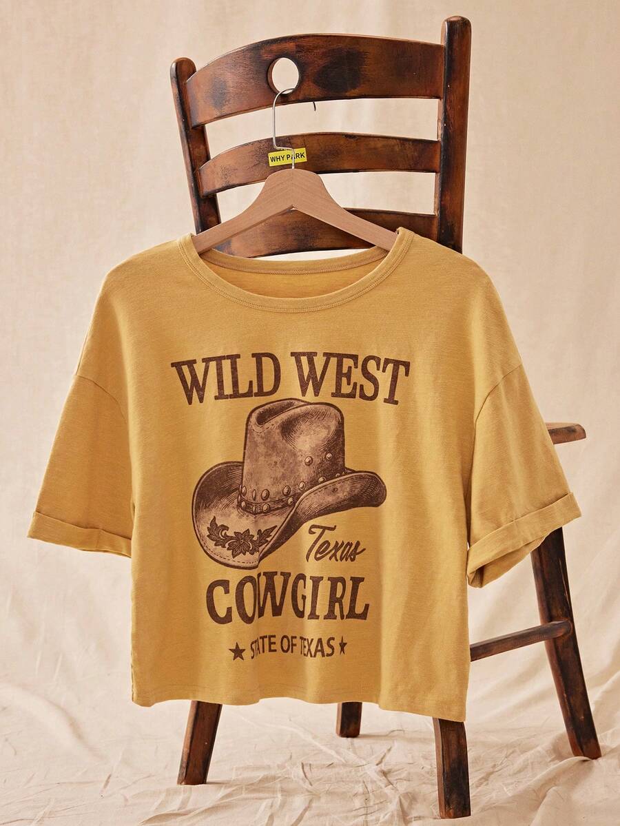 Bohemian Music Festival Round Neck Western Hat Pattern Loose Women T-Shirt,Summer Top Cowgirl Tshirt Western Wear Western Tshirt Country T Shirt Cowboy Tshirt - Yellow - View 1