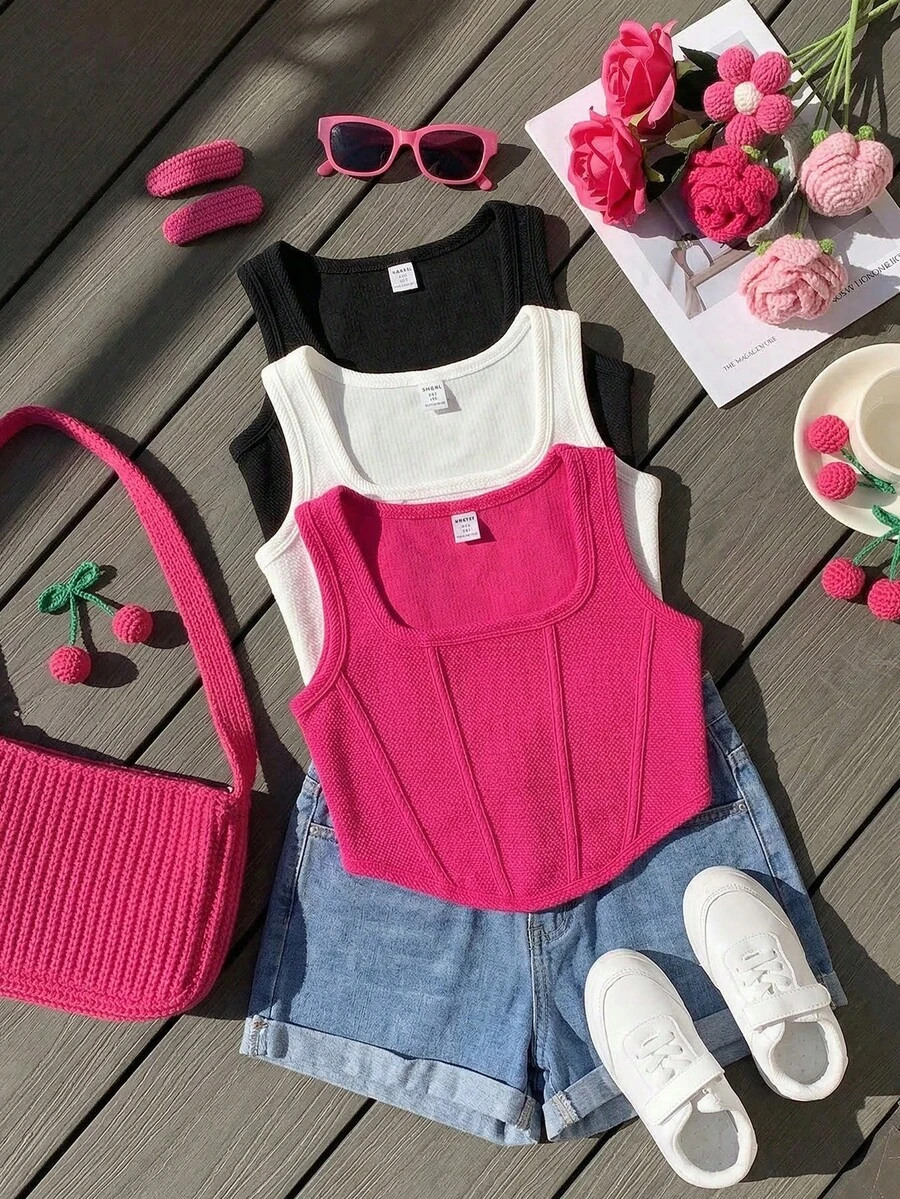 SHEIN 3件組少女羅紋方領背心上衣,櫻桃紅夏季少女束身短版吊帶背心,接縫細節設計,素色無袖針織上衣 - 彩色 - 查看 1