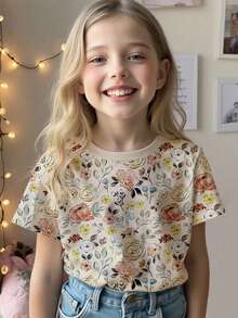 1件女婴数码印花圆领短袖T恤，春夏款 - 彩色 - 查看 1