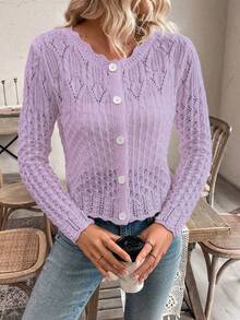 EMERY ROSE Women's Round Neck Hollow Front Button Cardigan, Autumn/Winter Knitted Sweater Jacket - Purple - View 6