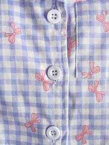 2件套女婴甜美可爱蓝白格子粉色蝴蝶结印花开襟短袖上衣和裤子口袋设计舒适睡衣套装 - 紫色 - 查看 10