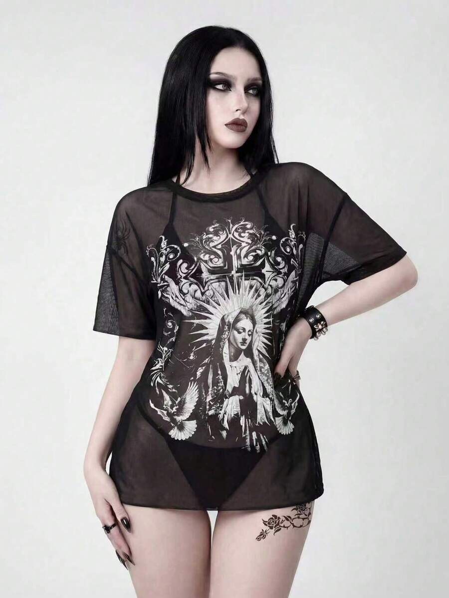 ROMWE Goth 女士休闲度假沙滩派对印花罩衫，挂脖比基尼三件套泳衣，新款春夏网纱衬衫哥特风上衣，哥特风女装，哥特风夏季服装，哥特风衬衫，哥特风夏季服装，透视上衣，透视印花上衣，女士宽松T恤，女士纹身T恤，女士哥特风T恤，女士印花T恤，女士上衣和衬衫，Ysk服装，Zahide T恤，女士运动上衣 - 黑色 - 查看 1