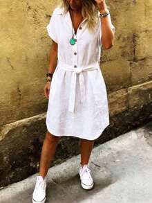 Linavere Women's Fashionable Elegant Turndown Collar Button Dress With Belt - Commuting Casual Style - Short Sleeve White Dress, Spring/Summer - White - View 6