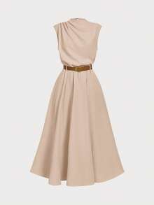 Firerie Kids NovaGlow 少女休闲时尚通勤立领喇叭腰身卡其色A字连衣裙 - 杏色 - 查看 2