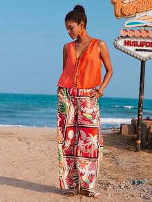 Travachic 2026春夏新款印花长裤+撞色系带无袖背心两件套，度假风，梭织印花，女士休闲夏季度假装，波西米亚海滩度假装，波西米亚时尚，乡村音乐会装，节日庆典装，女士海滩装，女士夏季装，复古富家女装，毕业典礼装，夏季连衣裙，女士生日礼服，波西米亚风服饰 - 彩色 - 查看 10