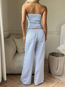 CovetEZ 两件套女士休闲简约藏蓝色条纹套装，适合夏季穿着 - 藍白色 - 查看 2