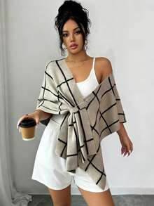 Elenzga 卡其色和黑色条纹针织斗篷毛衣，休闲通勤款，秋冬季 - 卡其色 - 查看 8