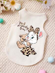 1pc Cute Leopard Pattern Rabbit Hug Bear Bow Letter Printed Pet Tank Top Beige Soft Breathable Comfortable Pet Clothes - Beige - View 1