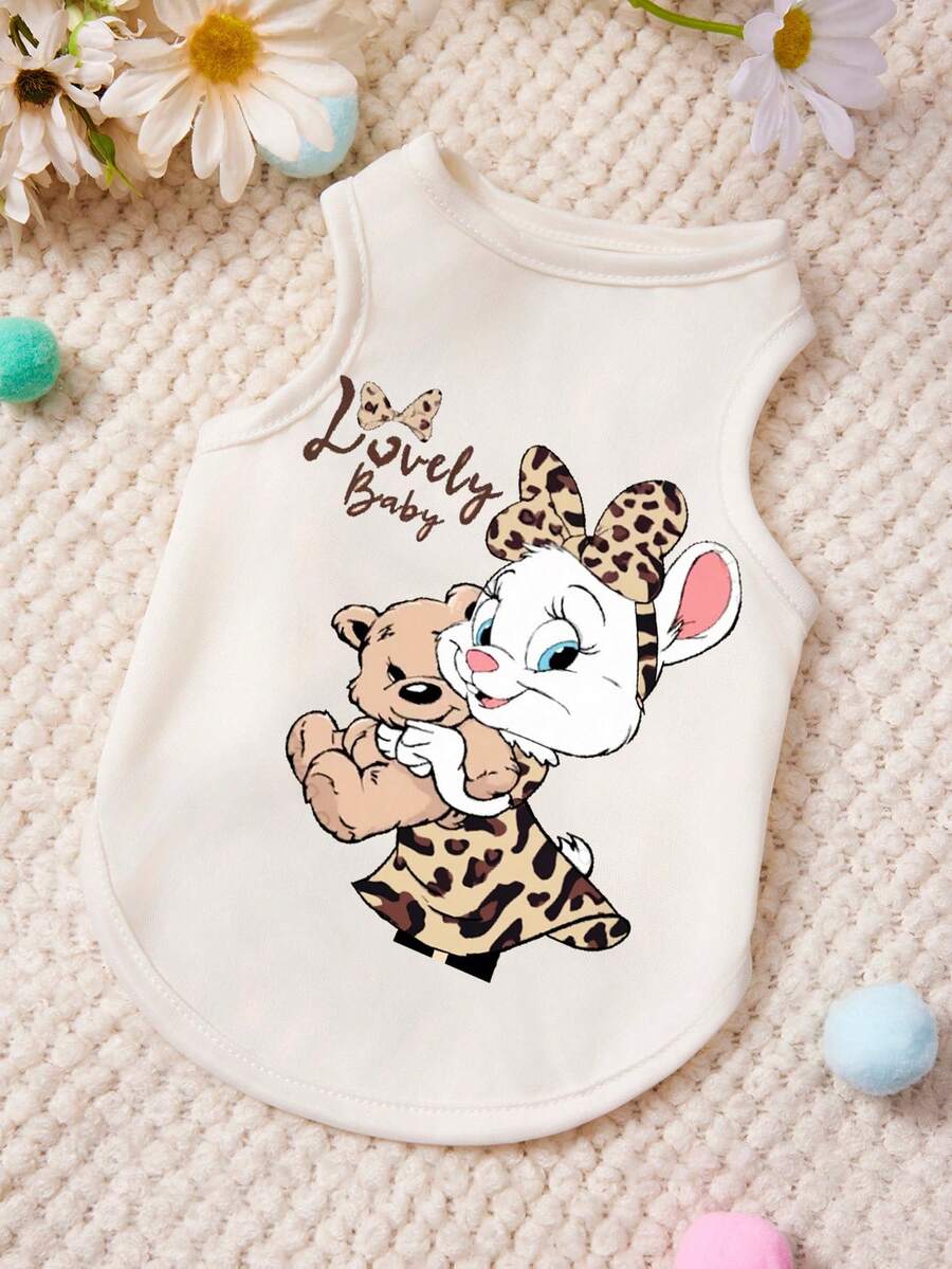 1pc Cute Leopard Pattern Rabbit Hug Bear Bow Letter Printed Pet Tank Top Beige Soft Breathable Comfortable Pet Clothes - Beige - View 1