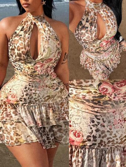 Rustia Plus Size Women Leopard Floral Mesh Vacation Dress