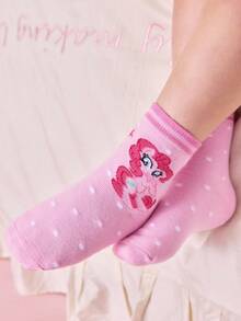 My Little Pony X SHEIN 3双装纯棉柔软透气吸湿儿童中筒袜，糖果色可爱卡通图案，加固趾跟，经久耐穿，四季皆宜，适合学校和户外活动，夏季冬季均可穿着，图案包含暮光闪闪、碧琪和云宝黛西。 - 彩色 - 查看 8