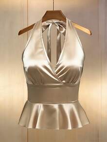 Rafferiza 女士V领露背荷叶边短款背心，适合春季音乐节穿着 - 香檳色 - 查看 1