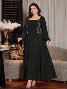 Modelyn Plus Size Women Long Sleeve Fitted Flowing Sparkling Rhinestone Off-Shoulder Flowing Chiffon Skirt 2-Piece Set - Black - View 5