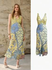 MOTF PREMIUM VESTIDO DE MUJER CON CUELLO EN V, ESTAMPADO DE PATCHWORK DE PAISLEY Y BAJO DE COLA DE SIRENA, PRIMAVERA/VERANO - Amarillo - Ver 1