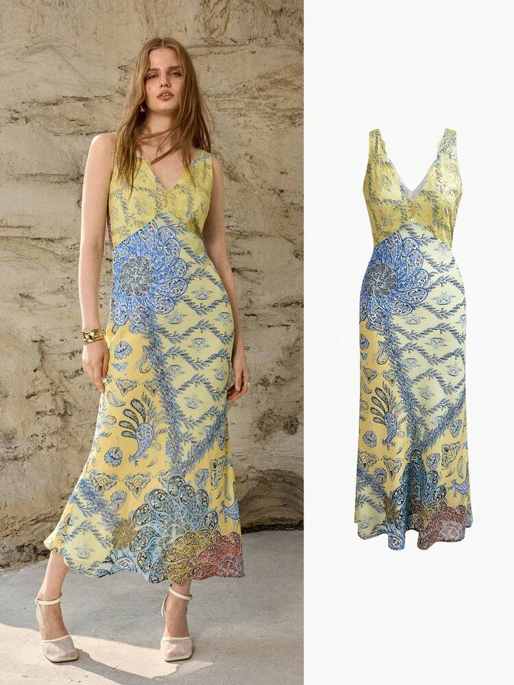 WOMEN'S V-NECK PAISLEY PATCHWORK PRINT MERMAID HEM DRESS, SPRING/SUMMER