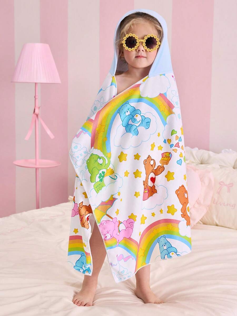 SHEIN X Care Bears 1件可爱卡通印花连帽浴巾,以忍者神龟为主题,采用超细纤维材质,吸水性强,不掉毛,适合沐浴、游泳、海滩等场合。 - 藍白色 - 查看 1