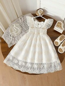 SHEIN Vintaside Kids Girls' Sweet French Style Hollow Back + Cap Sleeve Floral Embroidered Mesh Dress, Summer - White - View 2