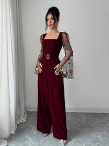 Rafferiza 2026春夏新款优雅简约长袖刺绣网纱拼接修身腰部金属纽扣连体裤（女款） - 酒紅色 - 查看 7