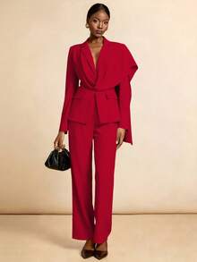 Vesra French Atmosphere Plunging Neckline Design Red Suit Jacket & Pants Set - Red - View 6