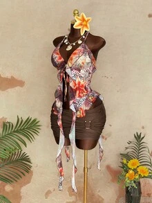 Sunspun Áo camisole mùa hè cỡ lớn với dây đeo mảnh, họa tiết da báo nhiệt đới, hoa và viền bèo nhún. - Nhiều màu - Xem 6