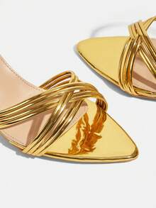 CUCCOO TILAWA Glossy Gold Pointed Toe Lace-Up Stiletto Heels, Versatile Dress Sandals For Commute & Date - Gold - View 5