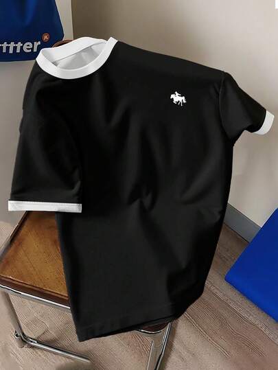 Manfinity Joysei Classic Versatile White Crew Neck T-Shirt With Black Collar, Minimalist Fashion Casual Horse Logo Design
