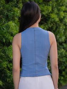 Andrea Bello 女式夏季休闲前扣无袖牛仔衬衫 - 淺色水洗藍 - 查看 2