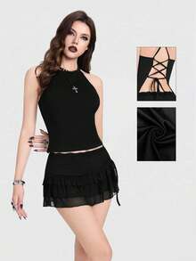 Breakform 女士哥特式性感吊带露背系带修身短款背心 - 黑色 - 查看 3