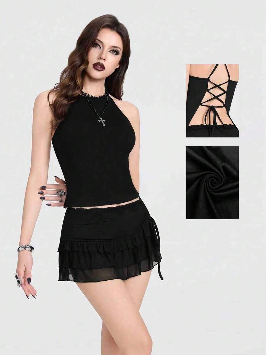 Breakform Gothic Punk Black Straps Sexy Elegant  Music Festival Sweet Cool Girl   Minimalist Gothic Women's Gothic Sexy Spaghetti Strap Backless Lace-Up Fitted Cropped Tank Top - Black - View 1